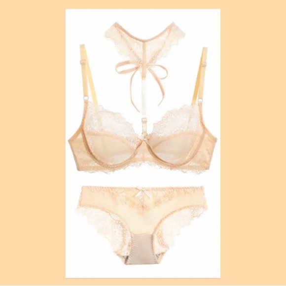 Other - NEW! Lace Collar Eyelash Trim Bra with Matching Panty - Champagne Cream Color